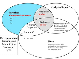 Résistance
in vitro
Virulence
Dangerosité
Parasites
Marqueurs de résistance
Antipaludiques
Hôte
Environnement
Immunité
HLA (Hill 1991)
Résistance
in vivo
Pharmacocinétique
Biodisponibilité
CQ (Wellems 2001)
Proguanil (Watkins 1990)
pfcrt
dhfr
dhps
Transmission
Malnutrition
Observance
VIH
Drépanocytose (Miller 1976)
Hb C (Agarwal 2000, Modiano 2001)
Thalassemias (Miller 1976)
G6P D(Ruwende 1995)
 