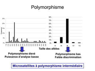 Polymorphisme
0%
5%
10%
15%
20%
25%
118
218
221
223
225
228
231
233
235
237
239
242
245
252
255
259
263
270
283
326
Frequency
0%
10%
20%
30%
40%
50%
60%
70%
80%
91 94 98 101 110
Polymorphisme élevé
Puissance d’analyse basse
Polymorphisme bas
Faible discrimination
Taille des allèles
Microsatellites à polymorphisme intermédiaire
 