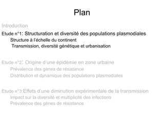 Plan
Introduction
Etude n°1: Structuration et diversité des populations plasmodiales
Structure à l’échelle du continent
Transmission, diversité génétique et urbanisation
Etude n°2: Origine d’une épidémie en zone urbaine
Prévalence des gènes de résistance
Distribution et dynamique des populations plasmodiales
Etude n°3:Effets d’une diminution expérimentale de la transmission
Impact sur la diversité et multiplicité des infections
Prévalence des gènes de résistance
 