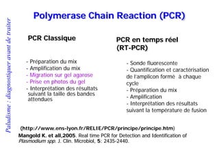 Paludisme:diagnostiqueravantdetraiter
Polymerase Chain Reaction (PCR)
PCR Classique
- Préparation du mix
- Amplification du mix
- Migration sur gel agarose
- Prise en photos du gel
- Interprétation des résultats
suivant la taille des bandes
attendues
PCR en temps réel
(RT-PCR)
- Sonde fluorescente
- Quantification et caractérisation
de l’amplicon formé à chaque
cycle
- Préparation du mix
- Amplification
- Interprétation des résultats
suivant la température de fusion
(http://www.ens-lyon.fr/RELIE/PCR/principe/principe.htm)
Mangold K. et all,2005. Real time PCR for Detection and Identification of
Plasmodium spp. J. Clin. Microbiol, 5: 2435-2440.
 