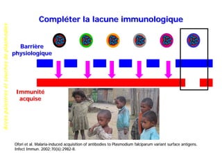 Accèspalustresetsouchesdeplasmodies
Compléter la lacune immunologique
Barrière
physiologique
Immunité
acquise
Ofori et al. Malaria-induced acquisition of antibodies to Plasmodium falciparum variant surface antigens.
Infect Immun. 2002;70(6):2982-8.
 