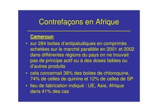 Contrefaçons en Afrique
Cameroun
• sur 284 boites d’antipaludiques en comprimés
achetées sur le marché parallèle en 2001 et 2002
dans différentes régions du pays on ne trouvait
pas de principe actif ou à des doses faibles ou
d’autres produits
• cela concernait 38% des boites de chloroquine,
74% de celles de quinine et 12% de celles de SP
• lieu de fabrication indiqué : UE, Asie, Afrique
dans 41% des cas
 