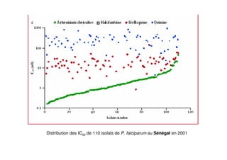 Distribution des IC50 de 110 isolats de P. falciparum au Sénégal en 2001
 