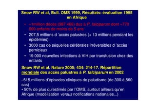 Snow RW et al, Bull. OMS 1999, Résultats: évaluation 1995
en Afrique
• ≈1million décès (987 466) dus à P. falciparum dont ≈770
000 enfants de moins de 5 ans
• 207,5 millions d ’accès palustres (+ 13 millions pendant les
épidémies)
• 3000 cas de séquelles cérébrales irréversibles d ’accès
pernicieux
• 19 000 nouvelles infections à VIH par transfusion chez des
enfants
Snow RW et al. Nature 2005; 434: 214-17. Répartition
mondiale des accès palustres à P. falciparum en 2002
• 515 millions d’épisodes cliniques de paludisme (de 300 à 660
cas)
• 50% de plus qu’estimés par l’OMS, surtout ailleurs qu’en
Afrique (modélisation versus notifications nationales...)
 