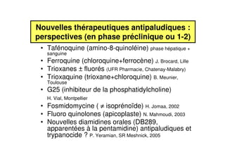 Nouvelles thérapeutiques antipaludiques :
perspectives (en phase préclinique ou 1-2)
• Tafénoquine (amino-8-quinoléine) phase hépatique +
sanguine
• Ferroquine (chloroquine+ferrocène) J. Brocard, Lille
• Trioxanes ± fluorés (UFR Pharmacie, Chatenay-Malabry)
• Trioxaquine (trioxane+chloroquine) B. Meunier,
Toulouse
• G25 (inhibiteur de la phosphatidylcholine)
H. Vial, Montpellier
• Fosmidomycine ( ≠≠≠≠ isoprénoïde) H. Jomaa, 2002
• Fluoro quinolones (apicoplaste) N. Mahmoudi, 2003
• Nouvelles diamidines orales (DB289,
apparentées à la pentamidine) antipaludiques et
trypanocide ? P. Yeramian, SR Meshnick, 2005
 