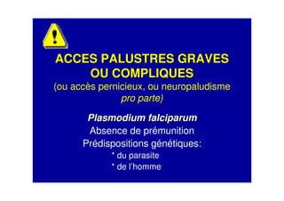 ACCES PALUSTRES GRAVESACCES PALUSTRES GRAVES
OU COMPLIQUESOU COMPLIQUES
(ou accès pernicieux, ou neuropaludisme
pro parte)
Plasmodium falciparumPlasmodium falciparum
Absence de prémunition
Prédispositions génétiques:
* du parasite
* de l’homme
 