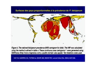 HAY SI, GUERRA CA, TATEM AJ, NOOR AM, SNOW RW. Lancet Infect Dis. 2004;4:327-336.
Surfaces des pays proportionnelles à la prévalence de P. falciparum
 