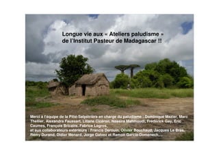Longue vie aux « Ateliers paludisme »
de l’Institut Pasteur de Madagascar !!
Merci à l’équipe de la Pitié-Salpêtrière en charge du paludisme : Dominique Mazier, Marc
Thellier, Alexandra Faussart, Liliane Cicéron, Nassira Mahmoudi, Frédérick Gay, Eric
Caumes, François Bricaire, Fabrice Legros,
et aux collaborateurs extérieurs : Francis Derouin, Olivier Bouchaud, Jacques Le Bras,
Rémy Durand, Didier Ménard, Jorge Galvez et Ramon Garcia-Domenech,...
 