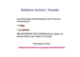 Les phénotypes parasitologiques sont fortement
influencés par:
• L'âge
• La saison
AJUSTEMENT DES VARIABLES par rapport au
groupe d'âge et par rapport à la saison
Phénotype choisie:
Densité parasitaire en portage asymptomatique
 