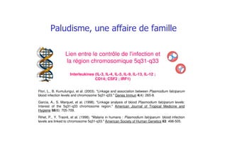 ## #
Flori, L., B. Kumulungui, et al. (2003). "Linkage and association between Plasmodium falciparum
blood infection levels and chromosome 5q31-q33." Genes Immun 4(4): 265-8.
Garcia, A., S. Marquet, et al. (1998). "Linkage analysis of blood Plasmodium falciparum levels:
Interest of the 5q31-q33 chromosome region." American Journal of Tropical Medicine and
Hygiene 58(6): 705-709.
Rihet, P., Y. Traoré, et al. (1998). "Malaria in humans : Plasmodium falciparum blood infection
levels are linked to chromosome 5q31-q33." American Society of Human Genetics 63: 498-505.
Lien entre le contrôle de l'infection et
la région chromosomique 5q31-q33
Interleukines (IL-3, IL-4, IL-5, IL-9, IL-13, IL-12 ;
CD14; CSF2 ; IRF1)
 