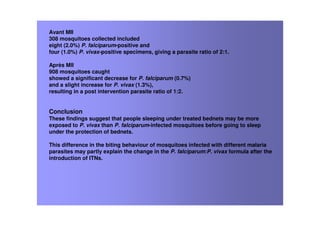 Avant MII
308 mosquitoes collected included
eight (2.0%) P. falciparum-positive and
four (1.0%) P. vivax-positive specimens, giving a parasite ratio of 2:1.
Après MII
908 mosquitoes caught
showed a significant decrease for P. falciparum (0.7%)
and a slight increase for P. vivax (1.3%),
resulting in a post intervention parasite ratio of 1:2.
Conclusion
These findings suggest that people sleeping under treated bednets may be more
exposed to P. vivax than P. falciparum-infected mosquitoes before going to sleep
under the protection of bednets.
This difference in the biting behaviour of mosquitoes infected with different malaria
parasites may partly explain the change in the P. falciparum:P. vivax formula after the
introduction of ITNs.
 