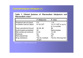 Caractéristiques cliniques (1)
(Sattabongkot et al, , in Trends in Parasitology, 2004)
 