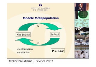 Atelier Paludisme - Février 2007
Modèle Métapopulation
Non Infecté Infecté
c
e
c colonisation
e extinction P = 1-e/c
 