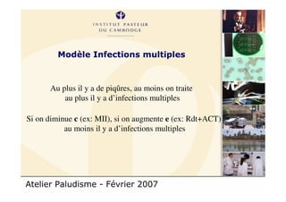 Atelier Paludisme - Février 2007
Modèle Infections multiples
Au plus il y a de piqûres, au moins on traite
au plus il y a d’infections multiples
Si on diminue c (ex: MII), si on augmente e (ex: Rdt+ACT)
au moins il y a d’infections multiples
 