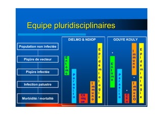 Equipe pluridisciplinairesEquipe pluridisciplinaires
C
li
n
Cli
niq
ue
Morbidité / mortalité
I
m
m
u
n
O
I
m
m
u
n
o
Infection palustre
P
a
r
a
s
i
t
o
P
a
r
a
s
i
t
o
Piqûre infectée
E
n
t
o
m
o
E
n
t
o
m
o
Piqûre de vecteur
*
*
*
E
p
i
d
é
m
i
o
l
o
g
i
e
I
m
m
u
n
o
E
p
i
d
é
m
i
o
l
o
g
i
e
Population non infectée
GOUYE KOULYDIELMO & NDIOP
 