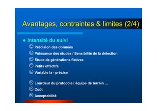 Intensité du suivi
☺ Précision des données
☺ Puissance des études / Sensibilité de la détection
☺ Etude de générations fictives
Petits effectifs
Variable la - précise
Lourdeur du protocole / équipe de terrain …
Coût
Acceptabilité
Avantages, contraintes & limites (2/4)Avantages, contraintes & limites (2/4)
 