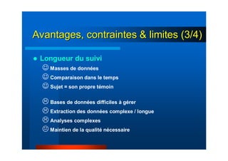 Longueur du suivi
☺ Masses de données
☺ Comparaison dans le temps
☺ Sujet = son propre témoin
Bases de données difficiles à gérer
Extraction des données complexe / longue
Analyses complexes
Maintien de la qualité nécessaire
Avantages, contraintes & limites (3/4)Avantages, contraintes & limites (3/4)
 