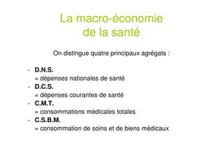 La macro-économie
de la santé
On distingue quatre principaux agrégats :
- D.N.S.
= dépenses nationales de santé
- D.C.S.
= dépenses courantes de santé
- C.M.T.
= consommations médicales totales
- C.S.B.M.
= consommation de soins et de biens médicaux
 