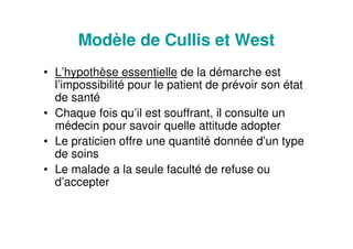Modèle de Cullis et West
• L’hypothèse essentielle de la démarche est
l’impossibilité pour le patient de prévoir son état
de santé
• Chaque fois qu’il est souffrant, il consulte un
médecin pour savoir quelle attitude adopter
• Le praticien offre une quantité donnée d’un type
de soins
• Le malade a la seule faculté de refuse ou
d’accepter
 