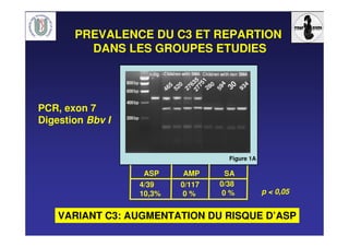 PREVALENCE DU C3 ET REPARTION
DANS LES GROUPES ETUDIES
PCR, exon 7
Digestion Bbv I
27751
27635
465
520
280
594
30 934
Figure 1A
ASP AMP SA
4/39
10,3%
0/117
0 %
0/38
0 % p < 0,05
VARIANT C3: AUGMENTATION DU RISQUE D’ASP
 