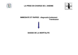 LA PRISE EN CHARGE DE L’ANEMIE
IMMEDIATE ET RAPIDE : diagnostic/traitement
Transfusion
BAISSE DE LA MORTALITE
 
