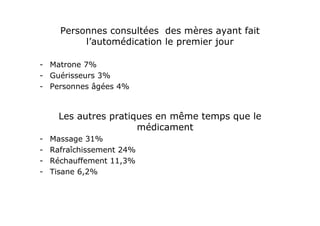 Personnes consultées des mères ayant fait
l’automédication le premier jour
- Matrone 7%
- Guérisseurs 3%
- Personnes âgées 4%
Les autres pratiques en même temps que le
médicament
- Massage 31%
- Rafraîchissement 24%
- Réchauffement 11,3%
- Tisane 6,2%
 
