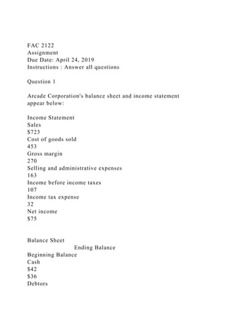 FAC 2122
Assignment
Due Date: April 24, 2019
Instructions : Answer all questions
Question 1
Arcade Corporation's balance sheet and income statement
appear below:
Income Statement
Sales
$723
Cost of goods sold
453
Gross margin
270
Selling and administrative expenses
163
Income before income taxes
107
Income tax expense
32
Net income
$75
Balance Sheet
Ending Balance
Beginning Balance
Cash
$42
$36
Debtors
 