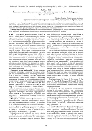 Science and Education a New Dimension. Pedagogy and Psychology, II(14), Issue: 27, 2014 www.seanewdim.com
Рейдало В.С.
Феномен методичної компетентності майбутнього викладача української літератури:
структура та функції
__________________________________
Рейдало Віталіна Станіславівна, аспірант
Черкаський національний університет імені Богдана Хмельницького, м. Черкаси, Україна
Анотація. У статті з’ясовується сутність поняття ″методична компетентність майбутнього викладача української літерату-
ри″, описана структура зазначеного поняття та визначені основні функції методичної компетентності в подальшій профе-
сійній діяльності майбутнього педагога. Обґрунтовані основні погляди на структуру методичної компетентності майбутніх
викладачів-літераторів крізь призму різних науково-методологічних підходів до навчання.
Ключові слова: методична компетентність, структура методичної компетентності, функції методичної компетент-
ності, майбутній викладач української літератури, науково-методологічні підходи до навчання
Вступ. Упровадження компетентнісного підходу в
систему вищої освіти України призвело до значних
варіативних змін вимог щодо фахової підготовки
магістрів української літератури, тлумачення дефіні-
ції та покомпонентної структури професійної компе-
тентності майбутнього викладача української літера-
тури. Ураховуючи теоретичні засади системного під-
ходу до організації навчально-виховного процесу у
вищому навчальному закладі, методична освіта вва-
жається вагомим і невід’ємним складником системи
професійної підготовки майбутніх фахівців з україн-
ської літератури та відіграє важливу роль у його по-
дальшій практичній діяльності, впливає на ефектив-
ність організації навчально-виховного процесу у ви-
щому навчальному закладі. Зважаючи на те, що кож-
ний компонент самостійної системи можемо розгля-
дати як автономну систему, ми досліджуємо підсис-
тему методичної освіти майбутніх викладачів україн-
ської літератури як самостійну систему зі своїми
складовими частинами.
Короткий огляд публікацій. Огляд науково-
методичної літератури з означеної проблеми засвід-
чує, що дослідники виділяють методичну компетент-
ність як необхідну складову у структурі професійної
компетентності майбутнього педагога. Питанням
формування, розвитку та вдосконалення методичної
компетентності працівників освіти присвячені праці
Н. Бібік, О. Пометун, О. Семеног, О. Бігич, Ю. При-
сяжнюк, Н.Остапенко, А.Мормуль, В.Шуляра, Г. Ток-
мань, А. Ситченка С. Вітвицької, А. Волощук та ін.
Метою заявленої статті є уточнити сутність понят-
тя ″методична компетентність майбутнього викладача
української літератури″, розглянути структуру озна-
ченого поняття та з’ясувати функції методичної ком-
петентності у професійному розвитку особистості
майбутнього викладача.
Матеріали і методи. З метою формулювання ви-
значення поняття ″методична компетентність майбут-
нього викладача української літератури″ ми апелюва-
ли до моделювання як методу системного досліджен-
ня явищ і процесів та проаналізували погляди науков-
ців (Г. Токмань, Є. Пасічник, К. Кожухов, О. Семеног,
В. Шуляр, Н. Остапенко, О. Бігич та ін.) на досліджу-
ване поняття та варіанти його структури.
Відзначимо, що для дефініції ключового терміна
нашої роботи використовувалися думки та вислови
провідних педагогів та словесників про вчителя укра-
їнської мови та літератури, оскільки проблема викла-
дача вищої школи нині актуальна і знаходиться на
етапі термінологічного розроблення і становлення.
Результати та їх обговорення. Розглянувши нау-
ково-методичні розвідки Є. Пасічника, О. Семеног,
О. Бігич, Н. Остапенко, Ю. Присяжнюк, В. Шуляра та
інших, можна констатувати, що методична компетен-
тність є невід’ємною, обов’язковою складовою про-
фесійної компетентності майбутнього викладача укра-
їнської літератури.
Ми досліджуємо методичну компетентність майбу-
тнього викладача української літератури як інтегро-
вану характеристику особистості викладача, сформо-
вану в системі магістерської підготовки, яка має свою
структуру та систему компетентностей, що забезпечує
готовність майбутнього викладача застосовувати
здобутий під час навчання у ВНЗ теоретичний матері-
ал у педагогічній та науково-методичній діяльності;
як володіння магістрантами (майбутніми викладачами
української літератури) сукупністю професійно-мето-
дичних знань, умінь та навичок, первинного досвіду
розв’язання педагогічних завдань та формування осо-
бистісних рис педагога, серед яких власне позитивне
ставлення до обраної професії, що дозволяє бути го-
товим до ефективної діяльності у будь-якій дидактич-
ній ситуації.
Деякі дослідники (В. Шуляр, Н. Остапенко, О. Се-
меног, В. Адольф. Т. Кочарян, В. Галатай, О. Зубков
та ін.) не лише намагаються з’ясувати сутність понят-
тя методичної компетентності, а й визначити структу-
ру цього феномену.
В. Шуляр у структурі методичної компетентності
викладача літератури виділяє такі компоненти:
″прогностичний, проектувальний, конструкторський,
планувальний, інформативний, організаторський, ко-
мунікативний, аналітичний, рефлективний, аксіологі-
чний, культуро відповідний, візуалізаційний та ін.″
[11, с. 73-74]. В. Адольф, аналізуючи структуру мето-
дичної компетентності, пропонує виділяти наступні:
особистісний, діяльнісний, пізнавальний (когнітив-
ний) компоненти [1].
Т. Кочарян розглядає внутрішню структуру мето-
дичної компетентності через сукупність професійних
знань (предметні, психолого-педагогічні, науково-
методичні), методичного мислення, методичної куль-
тури, професійних умінь та особистісних якостей
педагога, серед яких важливе місце відводиться здат-
ності до рефлексії та педагогічного впливу [8]. В.
Галатай до складу методичної компетентності вчите-
62
 