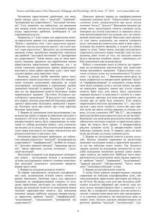 Science and Education a New Dimension. Pedagogy and Psychology, II(14), Issue: 27, 2014 www.seanewdim.com
Основними евристичними прийомами для вико-
нання завдань цього типу є "аналізуй", "порівнюй",
"розмірковуй від супротивного", "досліджуй частина-
ми". Слід зазначити, що найчастіше для виконання
цих завдань учням доводиться застосовувати відразу
кілька евристичних прийомів, комбінувати їх для
отримання результату.
Наприклад, в 7 класі учням для закріплення понят-
тя паралельних прямих слід запропонувати завдання:
"Пряма с перетинає одну з двох паралельних прямих.
Визначте взаємне розміщення прямої с та іншої пря-
мої з пари паралельних". Зрозуміло, що для виконання
завдання учням знадобиться використати одночасно
два прийоми "досліджуй частинами" та "розмірковуй
від супротивного". Таким чином, учні не лише вико-
нують завдання, працюють над виробленням вміння
користуватися евристичними прийомами, але і на
основі означення паралельних прямих формулюють
властивість: якщо пряма перетинає одну з двох пара-
лельних прямих, вона перетинає і іншу.
Водночас, сучасні засоби навчання дають змогу
отримувати знання (властивості понять) без викорис-
тання складних дедуктивних міркувань на основі
спостережень, моделювання в електронних засобах
динамічної геометрії та прийому "індукція". Так, уч-
ням під час формування поняття бісектриси можна
запропонувати завдання: "Дослідіть бісектриси рів-
нобедреного трикутника". В результаті учні отриму-
ють відразу декілька властивостей бісектрис рівнобе-
дреного трикутника: бісектриси, проведеної з верши-
ни; бісектрис кутів при основі; про точку перетину
бісектрис трикутника.
3. Вправи на доповнення умов (розпізнавання і ви-
ведення наслідків) та вправи на виведення наслідків із
належності об’єктів поняттю. Завдання, які доцільно
використовувати мають бути спрямованими на вияв-
лення та глибоке розуміння понять і всіх елементів,
що входять до їх складу. Результатом розв’язання має
стати певна властивість чи ознака, взаємозв’язок між
різними поняттями та наслідки з них.
Основними евристичними прийомами, які найчас-
тіше використовуються є "аналізуй", "розмірковуй від
супротивного", "переформулюй", "розбий на підзада-
чі", "розглянь граничні випадки", "виведення наслід-
ків", "введи ефективну систему позначень", "дослі-
джуй частинами".
Наступний четвертий етап формування геометрич-
них понять – застосування, полягає у встановленні
зв’язків досліджуваного поняття з іншими поняттями.
Для реалізації зазначеного доцільними вважаємо
вправи трьох типів:
1. Вправи на складання родоводу поняття.
Ці вправи передбачають складання класифікацій-
них схем, встановлення зв’язків нового поняття з
раніше вивченими. Особливу увагу слід приділити
завданням на переформулювання означень та скла-
дання евристичних орієнтирів для побудови певної
фігури, що відповідає поняттю чи знаходження певної
числової характеристики поняття. Для виконання
описаних завдань найбільш доцільно використовува-
ти евристичні прийоми "аналіз", "переформулюй",
"моделювання", "узагальнення", "розмірковуй від
супротивного".
Наведемо приклад вправи на переформулювання
означення суміжних кутів: "Сформулюйте означення
суміжних кутів, використовуючи при цьому тільки
поняття "точка", "промені". Виконання завдання дає
учням змогу актуалізувати поняття суміжних кутів,
повторити всі істотні властивості та виконати посту-
пове розчленування його на складові, які є не означу-
ваними поняттями геометрії. Внаслідок такої діяльно-
сті учні мають усвідомити, що поняття суміжного
кута є похідним від поняття кута, який в свою чергу є
похідним від поняття променів, а останні від понять
пряма та точка. Таким чином, школярі спостерігають
спіральність шкільного курсу геометрії, тому на підс-
відомому рівні готові до того, що наступні поняття
будуть вводитися подібним чином і уявлятимуть со-
бою композицією вже відомим фігур.
Роботу з означенням цього ж поняття, що спрямо-
вана на встановлення взаємозв’язку між поняттями
можна продовжити завданням: "Сформулюйте озна-
чення суміжних кутів, яке починатиметься "Суміжні
кути – це фігура, яка ...". Виконання такого роду за-
вдань спираються на використання прийомів "аналіз"
та "переформулювання" та дозволяють учням визна-
чати місце суміжних кутів у системі понять, що рані-
ше вивчалися, закріпити знання про істотні ознаки
поняття. Крім того, учні мають змогу узагальнити
отримані відомості та властивості і втілити їх у ново-
му означенні, причому тоді вони мають розуміти, що
останні вже не треба буде доводити. Учні можуть
запропонувати наступні продовження: 1) "... яка скла-
дається з двох кутів: гострого і тупого або двох пря-
мих кутів, які мають спільну вершину та спільну сто-
рону, а в сумі становлять 180о
" або 2) "... яка утворена
внаслідок розбиття розгорнутого кута на дві частини".
Відповідно для досягнення результатів учнів потрібно
забезпечити системою підказок та евристичних орієн-
тирів, які можуть бути такими: 1) використовуйте
рисунок суміжних кутів; 2) використовуйте спосіб
побудови суміжних кутів; 3) зверніть увагу на види
кутів, які входять до складу суміжних кутів.
2. Вправи на застосування поняття в різних ситуа-
ціях. Загалом завдання спрямовані на висвітлення
можливих застосувань понять у практичній діяльності
та під час побудови інших понять. Так, більшість
завдань націлені на відшукання залежностей та спо-
собів відшукання метричних величин одних понять
через поняття, що вивчається. Найбільш часто вико-
ристовуються до розв’язання таких завдань евристич-
ні прийоми "аналіз", "порівняння", "моделювання",
"нарисуй рисунок", "абстрагування", "метод малих
змін", "допоміжна побудова" та інші.
3. Вправи на систематизацію поняття.
У цьому блоці корисно використовувати завдання
спрямовані на побудову класифікаційних схем, таб-
лиць-помічників, евристичних орієнтирів для побудо-
ви об’єктів. На цьому етапі учні вже володіють необ-
хідною кількістю інформації про поняття, тому мо-
жуть вільно використовувати його у комплексі з ін-
шими. Як і у попередніх завданнях, розгляд поняття у
системі з іншими може висвітлити нові закономірнос-
ті та одиничні властивості, які виконуються лише за
певних умов. Загалом доцільно використовувати ев-
ристичні прийоми "аналізуй", "систематизуй", "уза-
9
 