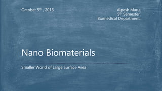 Alpesh Maru,
5th Semester,
Biomedical Department.
October 5th , 2016
Smaller World of Large Surface Area
Nano Biomaterials
 
