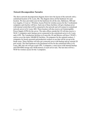 Network Decomposition Narrative
The above network decomposition diagram shows how the layout of the network with a
centralized location of St. Louis, Mo. The diagram shows all the hardware for each
location. We have provided costs for the hardware for all the sites. Baltimore, MD and
Los Angeles, CA are to 1 Wireless Access Point for wireless access for the 3 workstation
computers each facility will have. Each one of these facilities will get a backup server
with internal switch that will be connected to the network and will connect to centralized
network server in St. Louis, MO. These location will also receive an Uninterruptible
Power Supply (UPS) for the server. The sales offices outside the US will also receive a
WAP, 5 computers each, backup server connected to the centralized server in St. Louis
and a UPS. The 2 production facilities in Evansville, IN and Mexico will have 5 WAP’s
each to cover the entire 100,000 ft2 facilities, 30 computers for the salaried workers, 3
computers for hourly personal and production workers to use that will be set up in the
break room. These facilities will also get a network server with backup and an external 20
port switch. The final hardware to be purchased will be for the centralized office in St.
Louis, MO, this site will get a rack UPS, 3 computers, a rack server with internal backup
and 8TB HDD storage and 16GB memory in each server rack. The last item will be a
WAP for wireless access for the 3 computers.
P a g e | 25
 