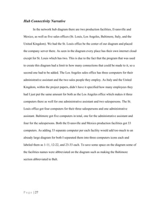 Hub Connectivity Narrative
In the network hub diagram there are two production facilities, Evansville and
Mexico, as well as five sales offices (St. Louis, Los Angeles, Baltimore, Italy, and the
United Kingdom). We had the St. Louis office be the center of our diagram and placed
the company server there. As seen in the diagram every place has their own internet cloud
except for St. Louis which has two. This is due to the fact that the program that was used
to create this diagram had a limit to how many connections that could be made to it, so a
second one had to be added. The Los Angeles sales office has three computers for their
administrative assistant and the two sales people they employ. As Italy and the United
Kingdom, within the project papers, didn’t have it specified how many employees they
had I just put the same amount for both as the Los Angeles office which makes it three
computers there as well for one administrative assistant and two salespersons. The St.
Louis office got four computers for their three salespersons and one administrative
assistant. Baltimore got five computers in total, one for the administrative assistant and
four for the salespersons. Both the Evansville and Mexico production facilities got 33
computers. As adding 33 separate computer per each facility would add too much to an
already large diagram for both I separated them into three computers icons each and
labeled them as 1-11, 12-22, and 23-33 each. To save some space on the diagram some of
the facilities names were abbreviated on the diagram such as making the Baltimore
section abbreviated to Balt.
P a g e | 27
 