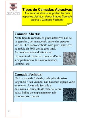 11
Tipos de Camadas Abrasivas
As camadas abrasivas podem ter dois
aspectos distintos, denominados Camada
Aberta e Camada Fechada
Camada Aberta:
Neste tipo de camada, os grãos abrasivos não se
tangenciam, permanecendo entre eles espaços
vazios. O costado é coberto com grãos abrasivos,
na média de 70% de sua área total.
A camada aberta é destinada ao
Lixamento de materiais com tendência
a empastamento, tais como madeira,
vernizes, etc.
Camada Fechada:
Na lixa camada fechada, cada grão abrasivo
tangencia o seu vizinho, não havendo espaço vazio
entre eles. A camada fechada é
destinada a lixamento de materiais com
baixo índice de empastamento, tais
comometais e outros. -
 