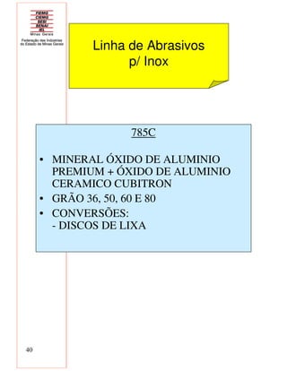 40
785C
• MINERAL ÓXIDO DE ALUMINIO
PREMIUM + ÓXIDO DE ALUMINIO
CERAMICO CUBITRON
• GRÃO 36, 50, 60 E 80
• CONVERSÕES:
- DISCOS DE LIXA
Linha de Abrasivos
p/ Inox
 
