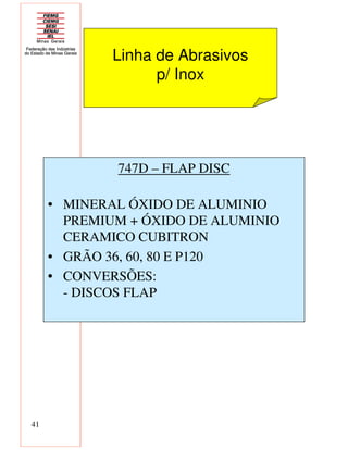 41
747D – FLAP DISC
• MINERAL ÓXIDO DE ALUMINIO
PREMIUM + ÓXIDO DE ALUMINIO
CERAMICO CUBITRON
• GRÃO 36, 60, 80 E P120
• CONVERSÕES:
- DISCOS FLAP
Linha de Abrasivos
p/ Inox
 
