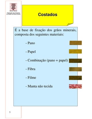 5
CostadosCostados
É a base de fixação dos grãos minerais,
composta dos seguintes materiais:
- Pano
- Papel
- Combinação (pano + papel)
- Fibra
- Filme
- Manta não tecida
 