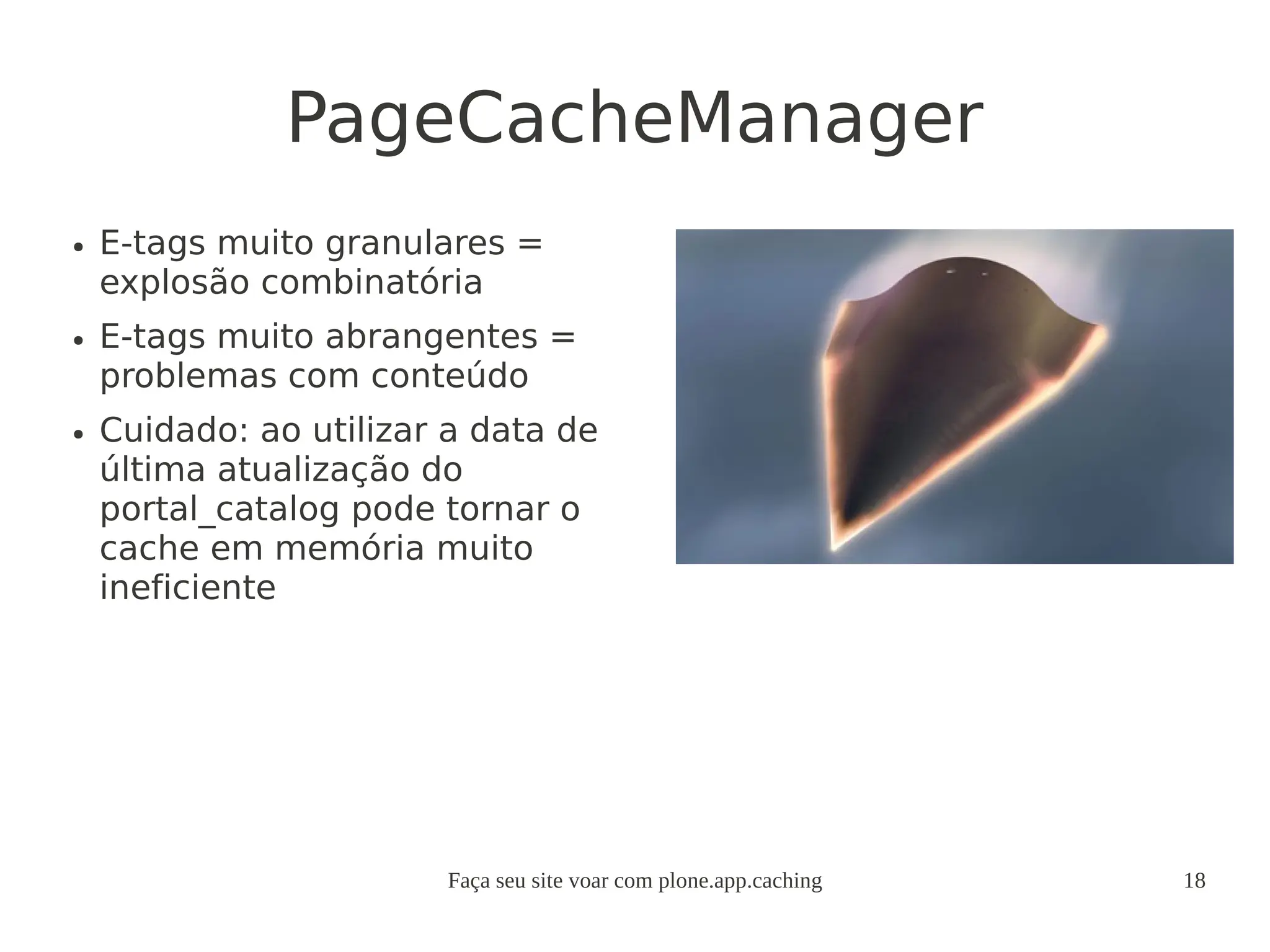 Faça seu site voar com plone.app.caching 18
PageCacheManager
● E-tags muito granulares =
explosão combinatória
● E-tags muito abrangentes =
problemas com conteúdo
● Cuidado: ao utilizar a data de
última atualização do
portal_catalog pode tornar o
cache em memória muito
ineficiente
 