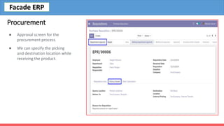 Procurement
● Approval screen for the
procurement process.
● We can specify the picking
and destination location while
receiving the product.
Facade ERP
 