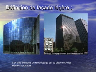 Définition de façade légère :Définition de façade légère :
Son des éléments de remplissage qui se place entre les
éléments porteurs
 