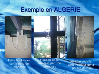 Exemple en ALGERIEExemple en ALGERIE
Patte boulonnée
sur le bord du
plancher
Fixation de la
traverse par une
Parclose.
Attache sous le
bord inférieur de la
poutre de rive
 