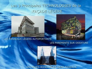 Les 3 Principales TECHNOLOGIES de laLes 3 Principales TECHNOLOGIES de la
FAÇADE LÉGÈREFAÇADE LÉGÈRE::
- LES PANNEAUX LÉGERS AUTOPORTANTS- LES PANNEAUX LÉGERS AUTOPORTANTS
LESLES PAREMENTS SUR OSSATUREPAREMENTS SUR OSSATURE
LES MURS-RIDEAUX ET SEMI RIDEAUXLES MURS-RIDEAUX ET SEMI RIDEAUX
 