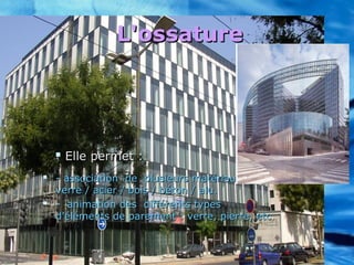 L'ossatureL'ossature
 - association de plusieurs matériaux :- association de plusieurs matériaux :
verre / acier / bois / béton / alu.verre / acier / bois / béton / alu.
 - animation des différents types- animation des différents types
d'éléments de parement : verre, pierre, etcd'éléments de parement : verre, pierre, etc..
 Elle permet :Elle permet :
 
