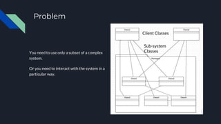 Problem
You need to use only a subset of a complex
system.
Or you need to interact with the system in a
particular way.
Client Classes
Sub-system
Classes
 