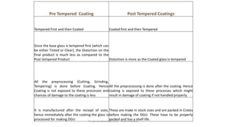 Pre Tempered Coating Post Tempered Coatings
Tempered First and then Coated Coated first and then Tempered
Since the base glass is tempered first (which can
be either Tinted or Clear), the Distortion on the
final product is much less as compared to the
Post tempered Product Distortion is more as the Coated glass is tempered
All the preprocessing (Cutting, Grinding,
Tempering) is done before Coating. Hence
Coating is not exposed to these processes and
chances of damage to the coating is less
All the preprocessing is done after the coating. Hence
coating is exposed to these processes which might
result in damage of coating if not handled properly.
It is manufactured after the reciept of sizes,
hence immediately after the coating the glass is
processed for making DGU
These are make in stock sizes and are packed in Crates
before making the DGU. These have to be properly
packed and has a shelf life.
Preapred and complied by - Vinay Srivastava
 