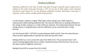 Shading Coefficient
Shading coefficient is the ratio of solar heat gain through a specific type of glass that is
relative to the solar heat gain through a 1/8" (3 mm) ply of clear glass under identical
conditions (see Figure 8). As the shading coefficient number decreases, heat gain is
reduced, which means a better performing product.
In cold climates, however, a higher SHGC helps reduce energy costs. SHGC replaces a
measurement called shading coefficient (SC). You may find references to shading coefficient in
the ratings of older windows or in older reference materials. The relationship between the two
ratings systems is straightforward, and the coefficients can be converted with a simple
formula.
Use the formula SHGC = SC*0.87 to convert between SHGC and SC. Enter the value that you
have and solve algebraically to calculate the value that you don't have.
Multiply SHGC by 1.15 to convert the value from SHGC to SC. This conversion factor is the
result of solving algebraically and is a simple, shorthand version of the formula. You can use
this step in place of algebraic conversion.
Multiply SC by 0.87 to convert from SC to SHGC.
Preapred and complied by - Vinay Srivastava
 