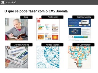 O que se pode fazer com o CMS Joomla 
Blog 
Portifólios Institucionais 
Jornais Online Redes Sociais e-Commerce 
 