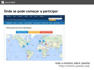 Onde se pode começar a participar 
Indo a eventos sobre Joomla 
http://events.joomla.org/ 
 