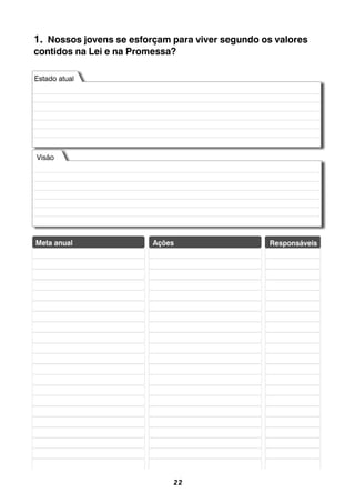 22
1. Nossos jovens se esforçam para viver segundo os valores
contidos na Lei e na Promessa?
 