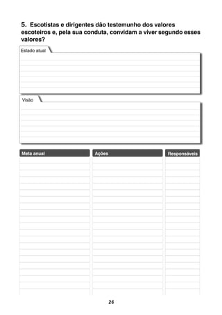 26
5. Escotistas e dirigentes dão testemunho dos valores
escoteiros e, pela sua conduta, convidam a viver segundo esses
valores?
 