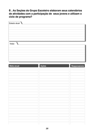28
6 . As Seções do Grupo Escoteiro elaboram seus calendários
de atividades com a participação de seus jovens e utilizam o
ciclo de programa?
 